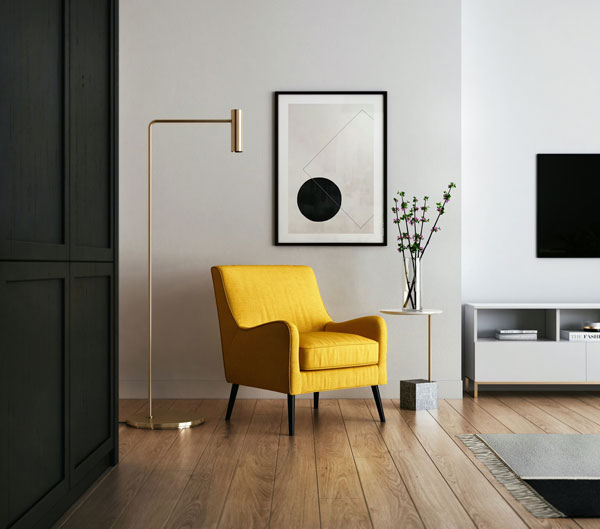 Living room interior scene with yellow accent chair used as the base image for AI photo editing
