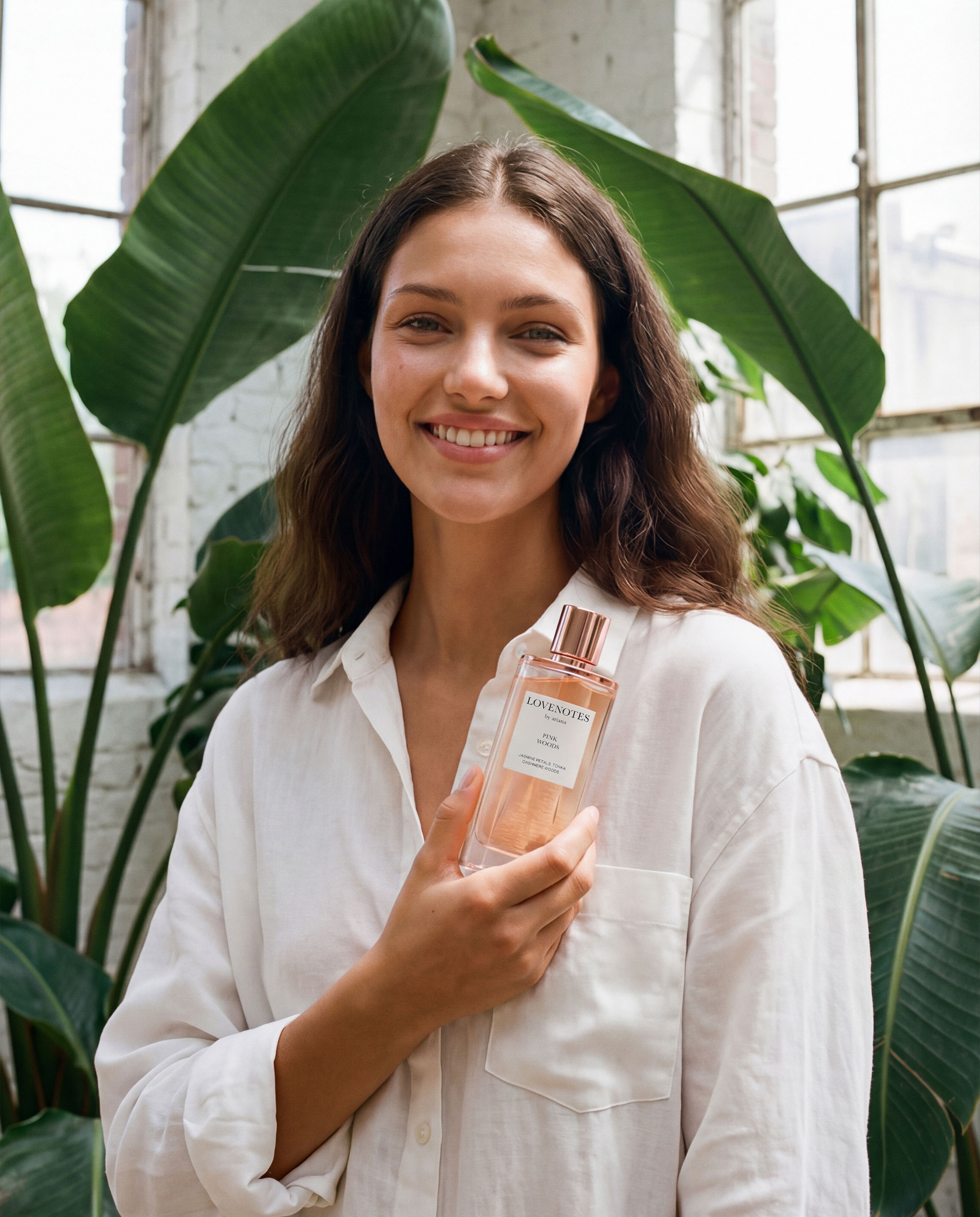 Alternate AI generated product photography output featuring model and perfume product integration