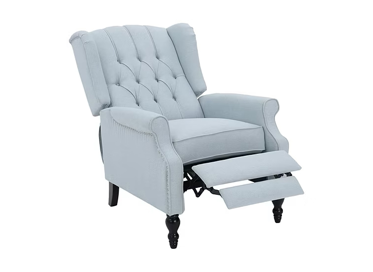 Light blue recliner chair product cutout on white background used for scene replacement