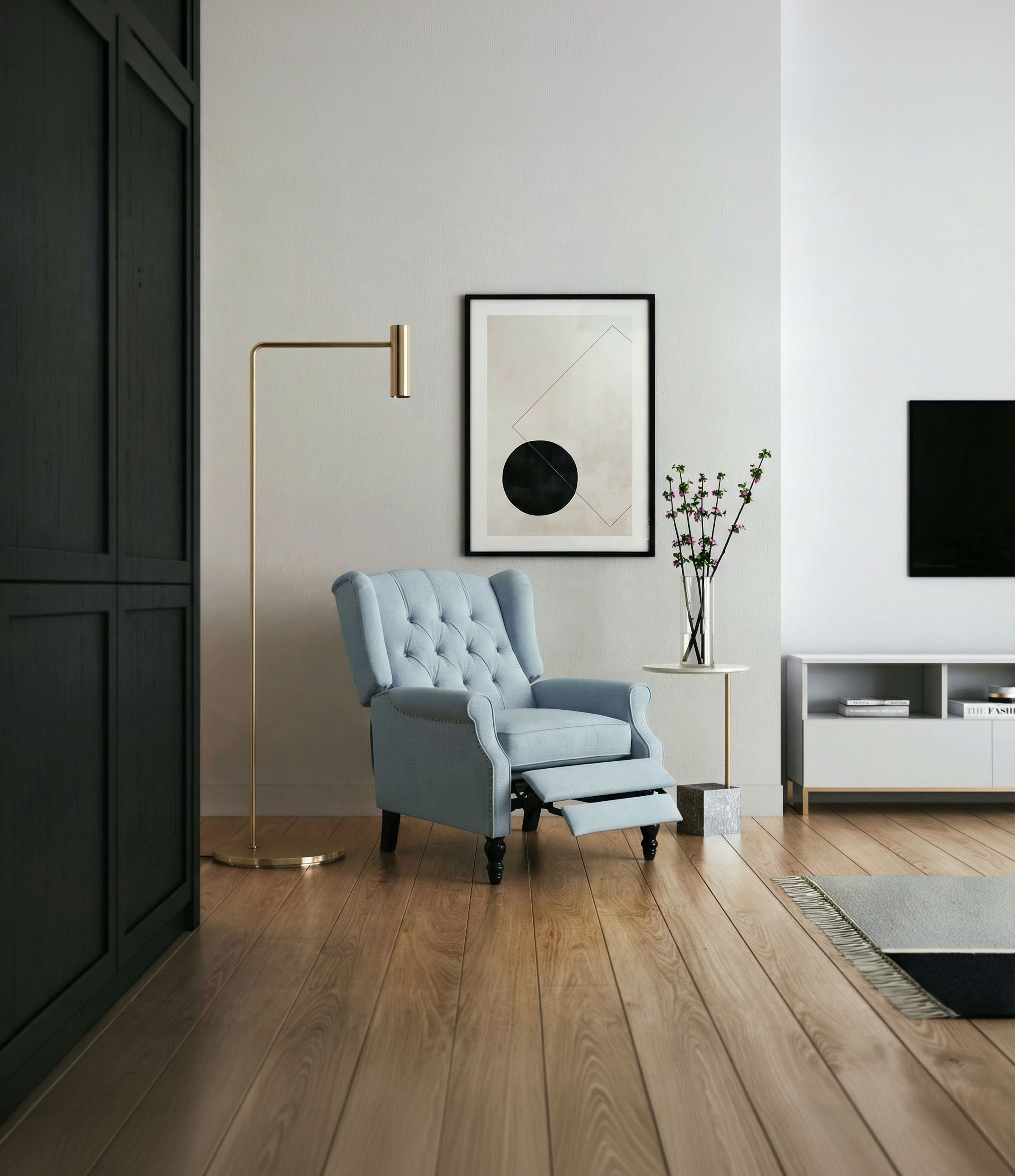 Living room scene with recliner chair realistically inserted using AI product replacement